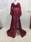 Women Sexy Deep V Neck Bell Bottom Sleeves Lace See-Through Slit Dress