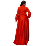 Solid Color Plus Size Evening Gown with Pocket Right Belt Zipper Pearl Dress