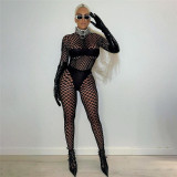 Spring Women's Sexy Fishnet See-Through Hollow High Waist Tight Fitting Pants Set、