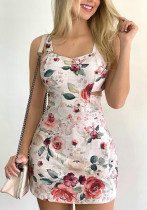 Lente en zomer korte rok lage nek sexy bretels rechte jurk grote bloemenprint jurk
