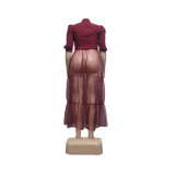 See-Through Mesh Cake Dress Plus Size Belted Breathable Short Sleeve Dress