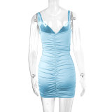 Summer Sexy V Neck Straps Ladies Ruched Bodycon Dress