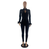 Women'S Fur Trim Solid Long Sleeve Zip Slim Fit Jumpsuit