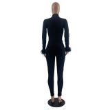 Women'S Fur Trim Solid Long Sleeve Zip Slim Fit Jumpsuit