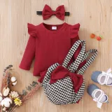 Baby Girl'S Houndstooth Suit Spring Autumn Ribbed Long Sleeve Top Bow Bib Shorts Three Piece Set