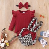 Baby Girl'S Houndstooth Suit Spring Autumn Ribbed Long Sleeve Top Bow Bib Shorts Three Piece Set