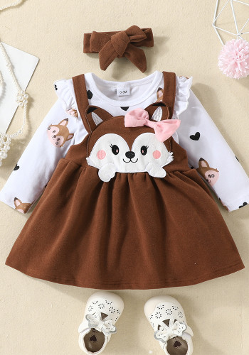 Macaquinho de manga comprida com estampa de desenho animado estampado para bebês e crianças Boby Conjunto de vestido com alça