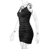 Summer Sexy V Neck Straps Ladies Ruched Bodycon Dress