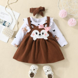 Spring Infants And Boby Children Cartoon Print Printed Long-Sleeved Romper Bow Strap Dress Set