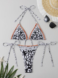 Women'S Leopard Print Lace-Up Two Pieces Bikini Swimsuit