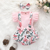 Infant & Toddler Ribbed Ruffle Sleeve Short Sleeve Top Floral Bow Bib Shorts Two Piece Set
