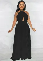 Sexy Halter Low Back Straps Solid Color Chiffon Pleated Dress