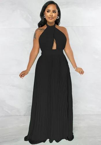 Sexy Halter Low Back Straps Solid Color Chiffon Pleated Dress