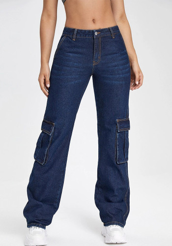 Jeans fashion feminino multibolsos cargo jeans com perna reta