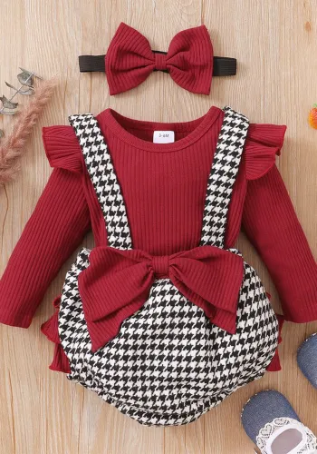 Baby Girl'S Houndstooth Suit Spring Autumn Ribbed Long Sleeve Top Bow Bib Shorts Three Piece Set