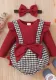 Baby Girl'S Houndstooth Suit Spring Autumn Ribbed Long Sleeve Top Bow Bib Shorts Three Piece Set