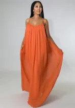 Summer Chiffon Solid Casual Low Back Strap Loose Maxi Dress