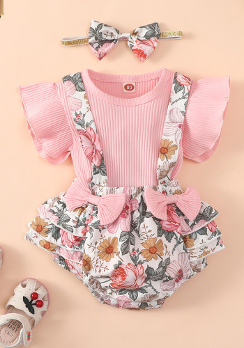Infant & Toddler Ribbed Ruffle Sleeve Short Sleeve Top Floral Bow Bib Shorts Two Piece Set