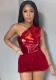 Women'S Summer Sexy Slim Bright Leather One Shoulder Bodysuit Knitting Fur Short Skirt Two-Piece Set