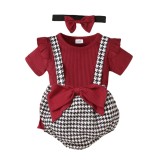 Baby Girl'S Houndstooth Suit Spring Autumn Ribbed Long Sleeve Top Bow Bib Shorts Three Piece Set
