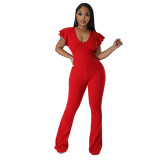 Women Spring Sexy Solid Ruffled Wide Leg Jumpsuit