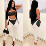 Women Sexy Colorblock Crop Top and Pu Leather Pant Two-Piece Set