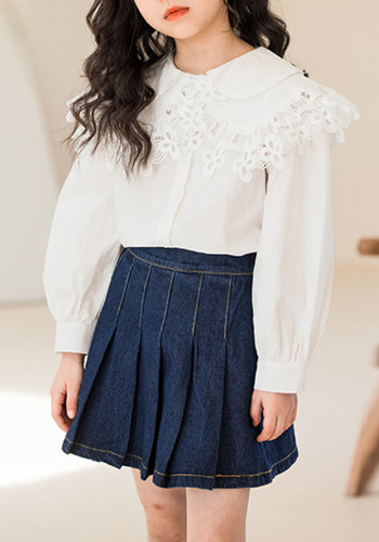 Girl lace reverse collar shirt and skirt two-piece set