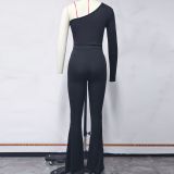 Women Sexy One Shoulder Long Sleeve Mesh Patchwork Flared Jumpsuit