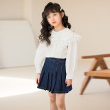 Girl lace reverse collar shirt and skirt two-piece set
