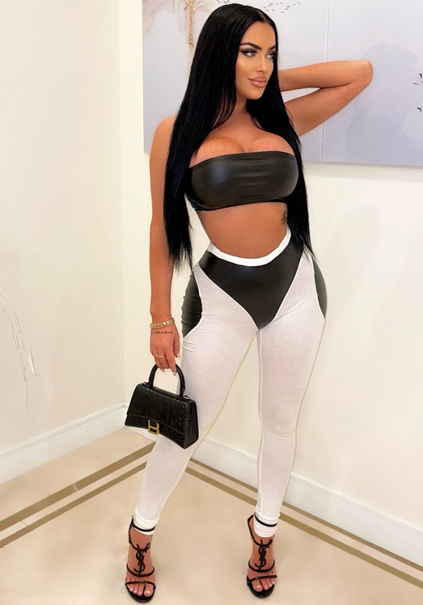 Women Sexy Colorblock Crop Top and Pu Leather Pant Two-Piece Set