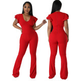 Women Spring Sexy Solid Ruffled Wide Leg Jumpsuit