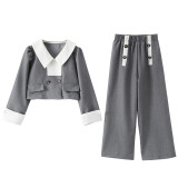Girl Spring Contrasting Color Square Neck Top and Straight Pants Two-piece Set