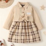 Girl Solid long-sleeved top + plaid print dress two-piece set