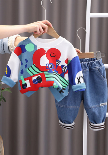 Zweiteiliges Set aus langärmligem Graffiti-Print-Oberteil und Denim-Hose für Jungen