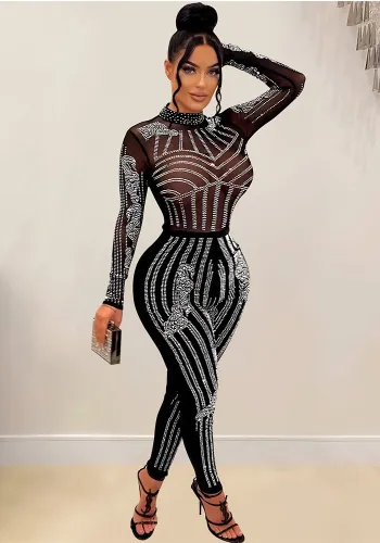 Women Solid Mesh Beaded Long Sleeve Jumpsuit
