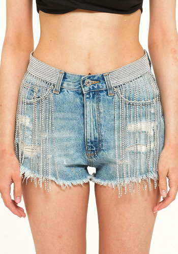 Pantaloncini di jeans a catena di diamanti a vita alta con nappe estive da donna