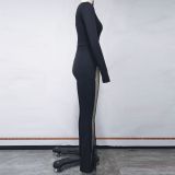 Women Sexy One Shoulder Long Sleeve Mesh Patchwork Flared Jumpsuit