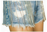 Women Summer Tassel High Waist Diamond Chain Denim Shorts