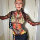 Spring women's digital printing mesh turtleneck street hipster slim fit Casual top