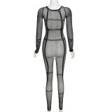 Spring Women's Sexy Mesh See-Through Knittinglace Hollow High Waist Tight Fitting Jumpsuit