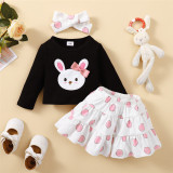 Girl Rabbit Print Long Sleeve Top+ Polka Dot Skirt Three-Piece