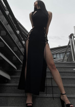 Sexy halternek uitgesneden dubbele split jurk slim fit maxi-jurk