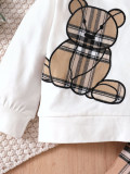 Girl Bear Print Long Sleeve Top + Plaid Print Pant Two-Piece Set