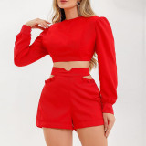 Women's Solid Color Cropped Long Sleeve Shirt Cutout High Waist Shorts Casual Set