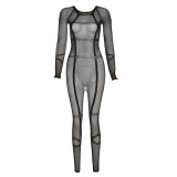 Spring Women's Sexy Mesh See-Through Knittinglace Hollow High Waist Tight Fitting Jumpsuit