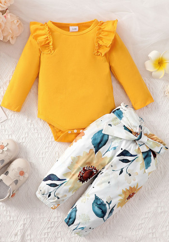 Meisjes effen top met lange mouwen + bloemenprint broek tweedelige set