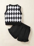 Girl Plaid Print Sleeveless Top + Solid Shorts Two-Piece Set