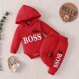 Boy Letter Print Hooded Top + Solid Pant Two-Piece Set