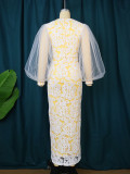 See-Through Round Neck Puff Sleeve Dress Party Gathering Chic Career Lace Dress