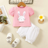 Girl Rabbit Print Short Sleeve Top + Solid Shorts Two-Piece Set